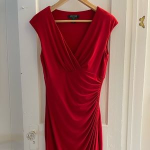Ralf Lauren flattering, classic ruched knee length red dress with stretch